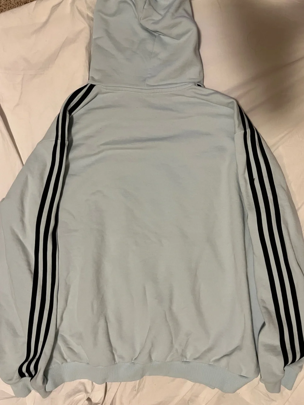 adidas Light Blue Hoodie with Black Logo & Stripes